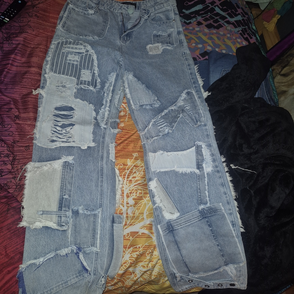 AKIRA Light Blue Distressed Patchwork Straight Le… - image 1